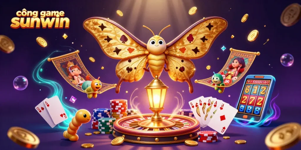 Play casino games like cổng game sunwin with vibrant 3D illustration featuring an atlas moth and dynamic casino elements.