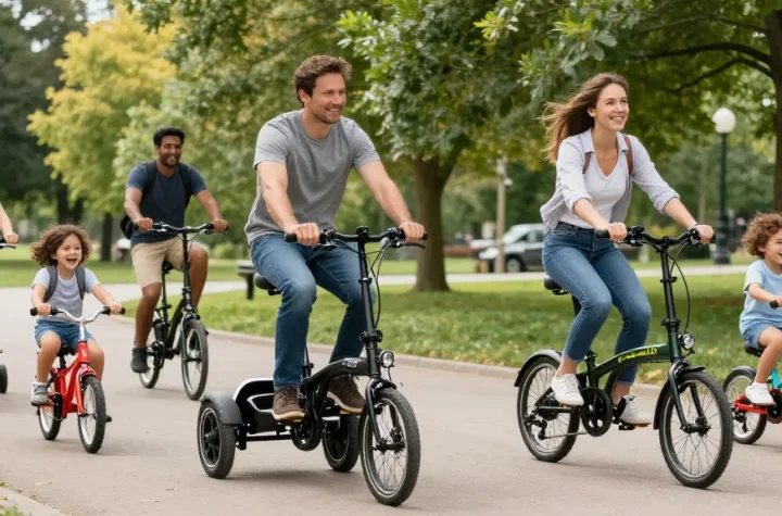 Adults and kids riding tricycles in a sunny park, promoting freedom and fun.