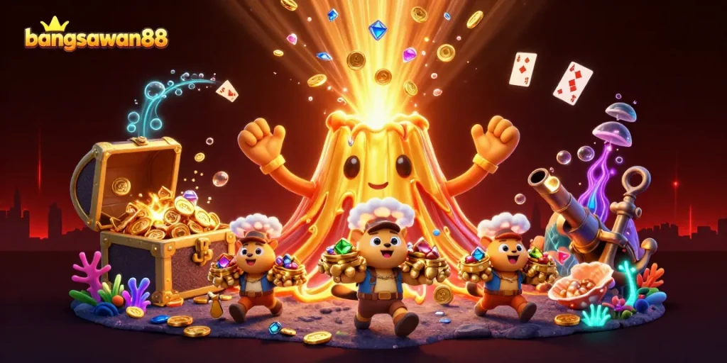 Bets with bangsawan88 as gold coins erupt from a triumphant volcano in a vibrant casino scene.