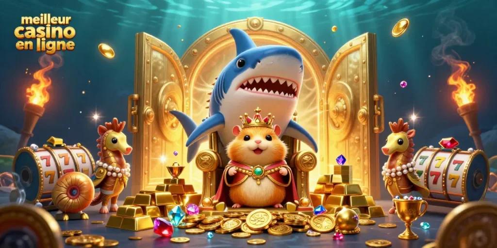 Découvrez le meilleur casino en ligne avec un roi hamster sur son trône en dents de mégalodon entouré de trésors.