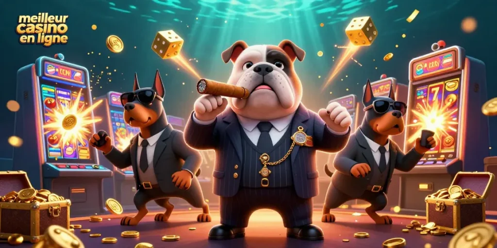 Vivez des gains au meilleur casino en ligne avec un bulldog mafieux et des symboles vibrants.