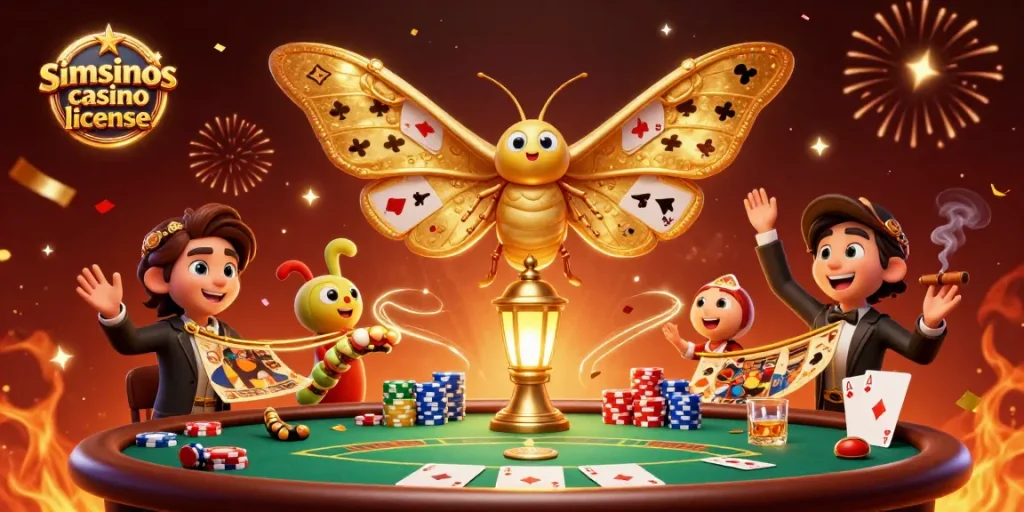Illustration de la licence simsinos casino, avec un papillon 3D et des éléments de poker autour.
