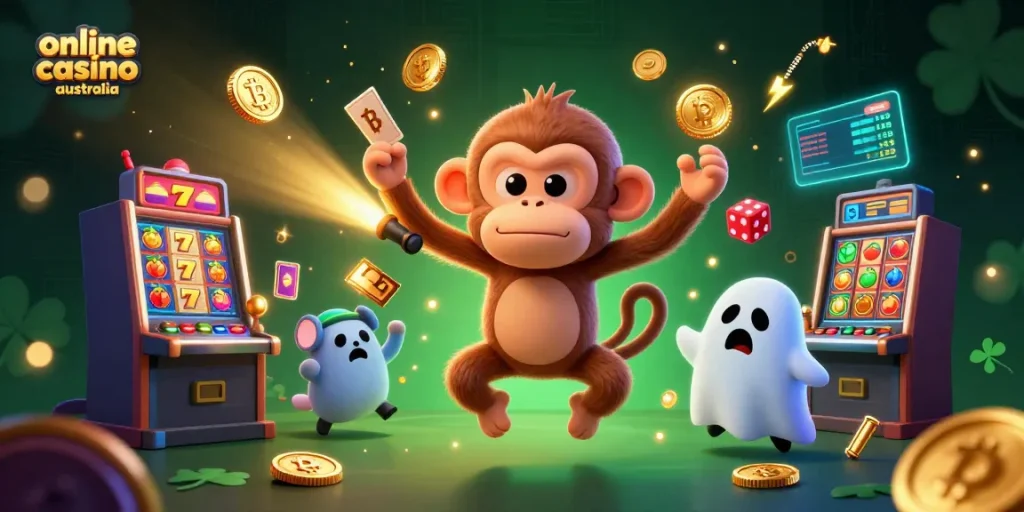 Engaging illustration of a playful poltergeist monkey juggling coins in a haunted atmosphere at an online casino Australia.