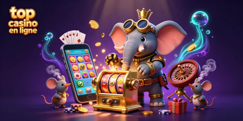 Découvrez les éléments du top casino en ligne avec des personnages colorés et des jeux en action.