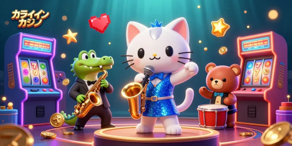 オンラインカジノでドラムを叩くクマの幼獣とサックスを演奏するワニのバンドを楽しむシーン