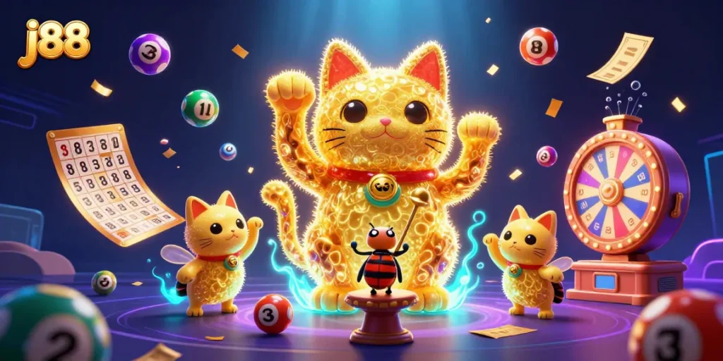 Experience thrilling j88 gaming with golden symbols, vibrant lottery elements, and dynamic casino fun.