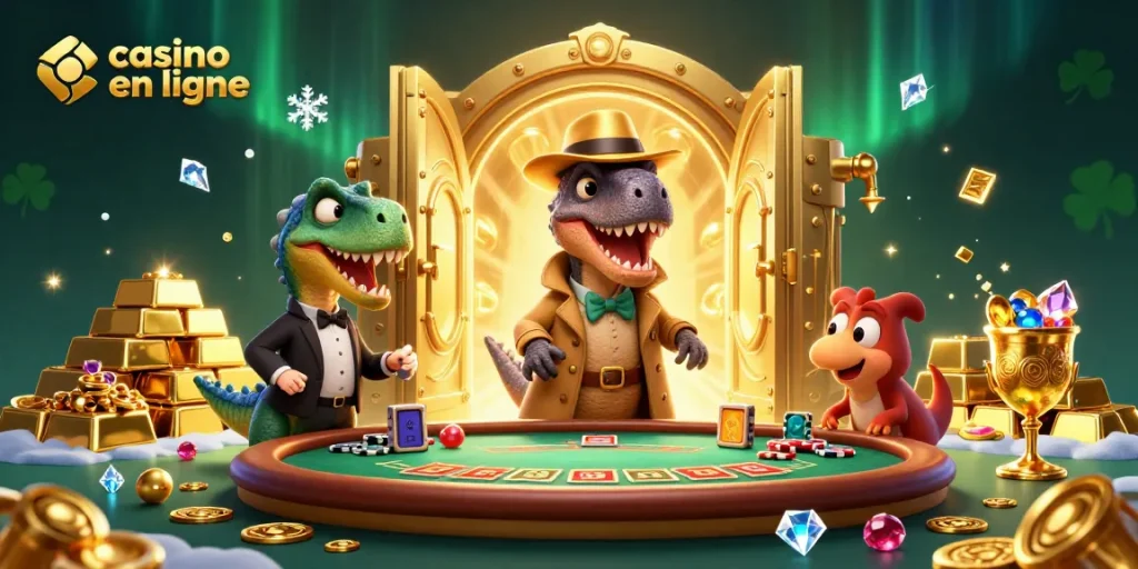 Découvrez un casino en ligne animé avec un velociraptor jouant aux cartes, sous l'œil vigilant d'un stégosaure.
