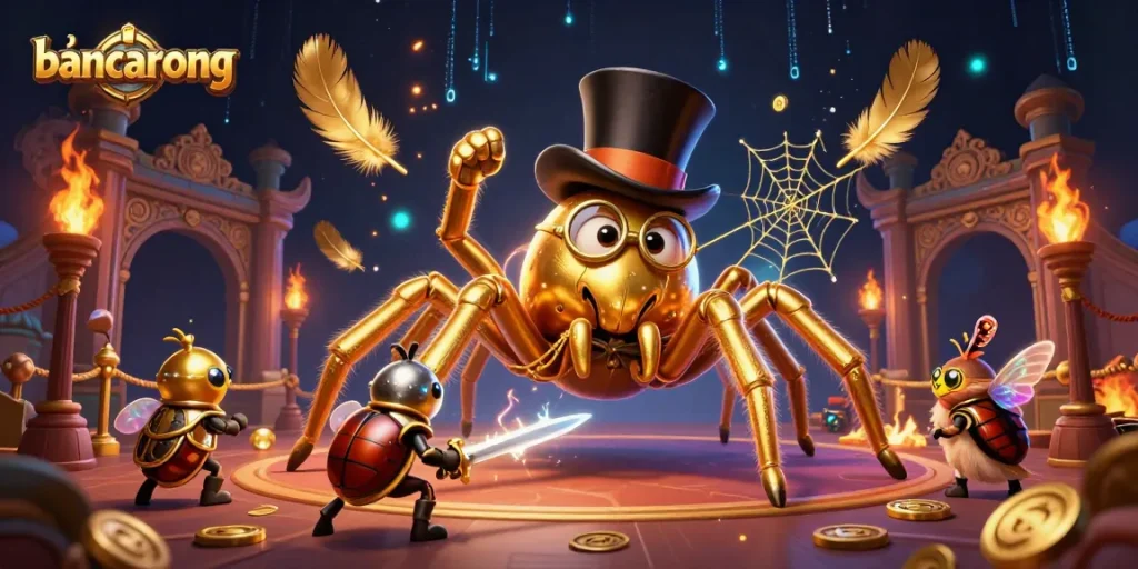 Bancarong engages players with a giant golden tarantula weaving a web, surrounded by coins and vibrant casino elements.