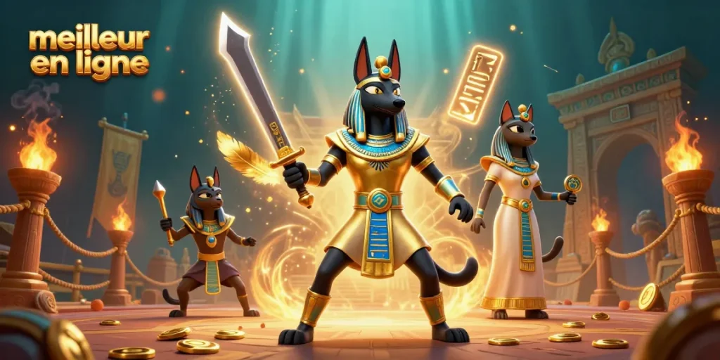 Participer aux jeux de casino en ligne au meilleur casino en ligne avec Anubis, Bastet et des symboles lumineux.