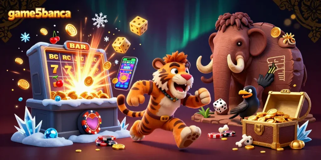 game5banca brings excitement to life with a vibrant prehistoric casino scene featuring dynamic characters and immersive elements.