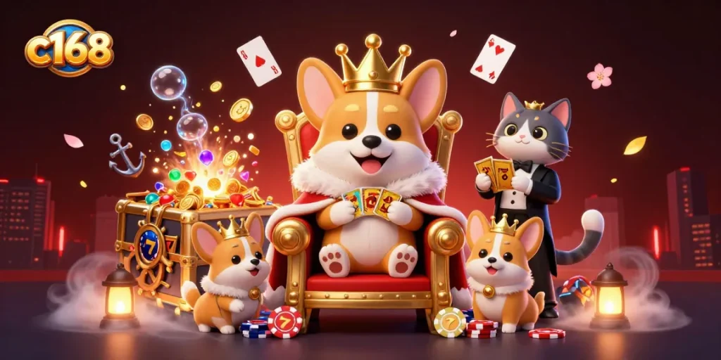 Experience the vibrant and luxurious world of online gaming with c168, featuring a royal corgi on a poker chip throne.