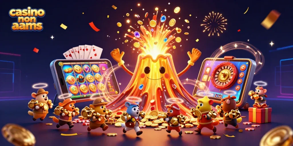 Vincere con casino non AAMS: un vulcano dorato con tesori e giochi di slot in un'esplosione di colori.
