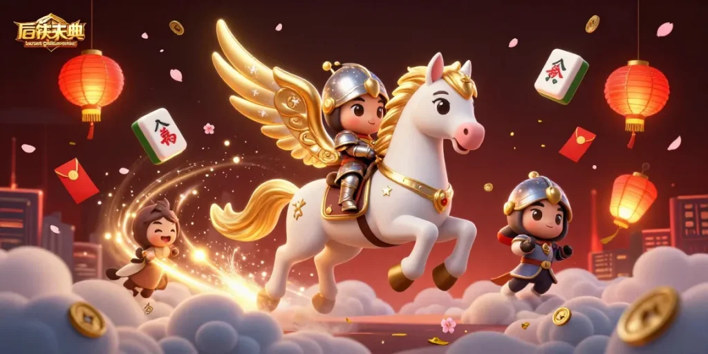 Baccarat-gambling-online showcases an epic scene with a celestial horse and knight amidst vibrant casino elements.
