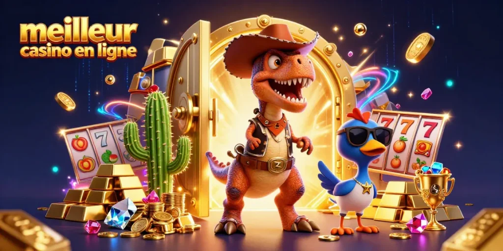 Visitez le meilleur casino en ligne avec un T-Rex cow-boy, un cactus lunettes et un oiseau shérif.