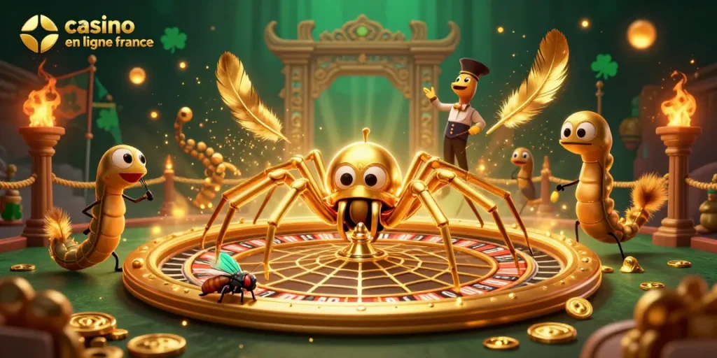 Le casino en ligne France s'anime avec une araignée dorée et un croupier centipède dans une scène dynamique.