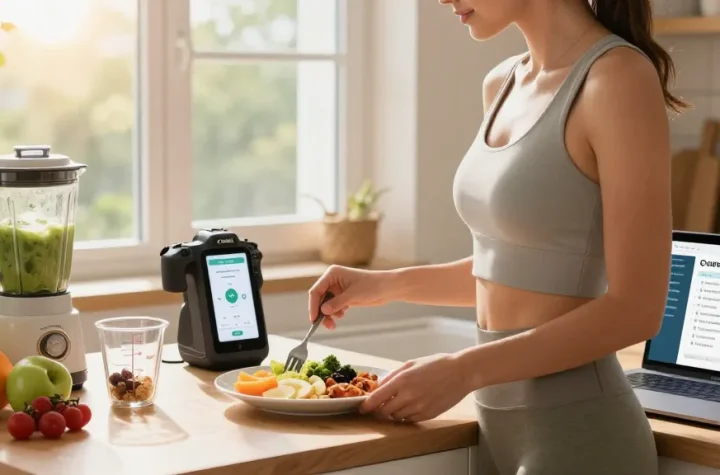 Engaging moment in a kitchen using the best calorie tracker app for healthy meal prep.