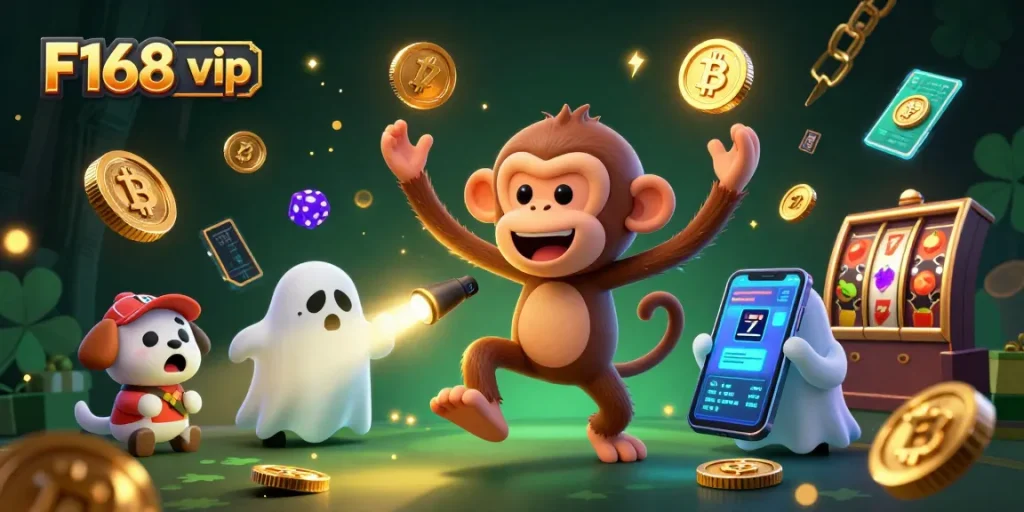 Experience thrilling gameplay at F168 vip with a lively casino scene featuring a ghost-hunting puppy.