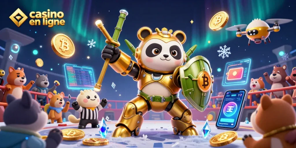 Casino en ligne : Vivez l'excitation des jeux avec une illustration d'un panda doré et un robot dans une arène.