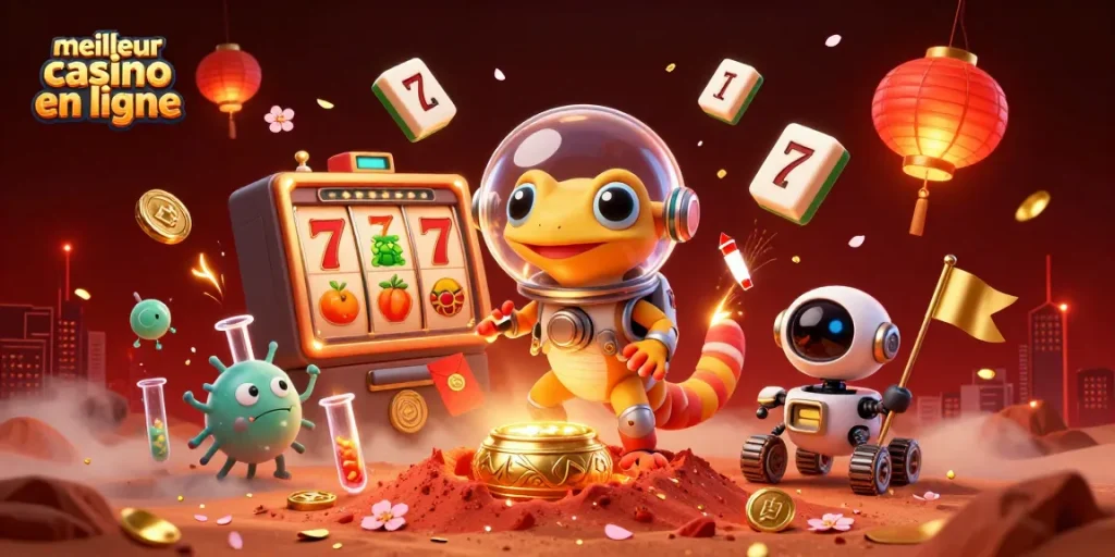 Illustration dynamique d'un gecko martien découvrant le meilleur casino en ligne avec des éléments de jeux présents.