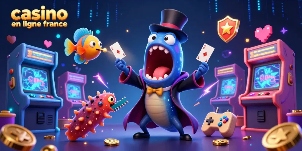 Magicien sous-marin avec une anguille lutteur, jouant au casino en ligne France, illuminé par des machines de jeux colorées.