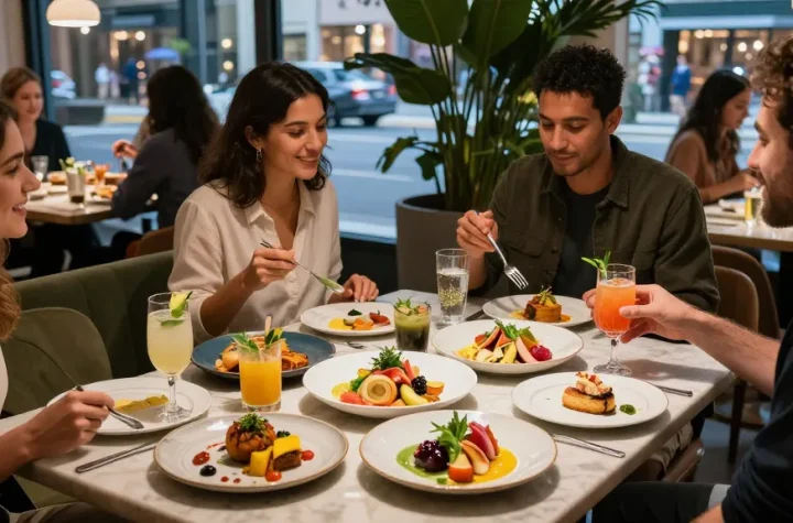 Sydney303 dining experience featuring friends enjoying vibrant modern cuisine in a stylish urban restaurant.