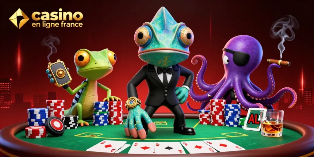 Illustration animée d'un caméléon brillant avec un agent secret et un poulpe, sur une table de poker dans un casino en ligne en France.