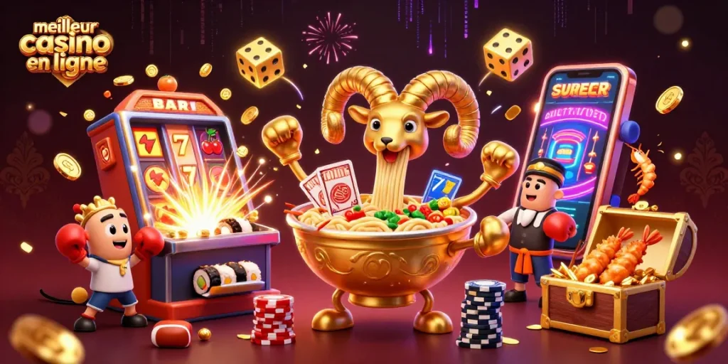 Meilleur casino en ligne : le bol de ramen géant distribue des cartes en célébrant un jackpot.