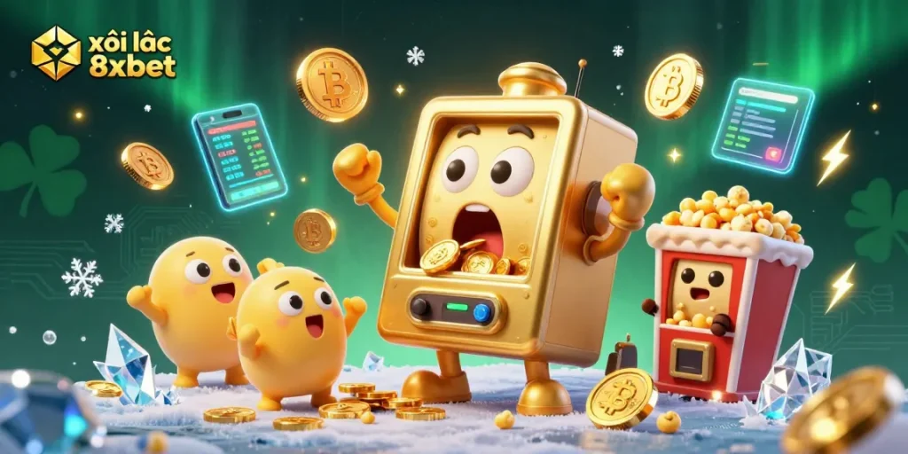 Experience the thrill of xôi lạc 8xbet with golden coins and cheering slot machines in an exciting casino scene.