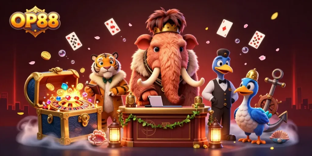 Experience lively casino interactions at OP88 with characters and vibrant game elements.