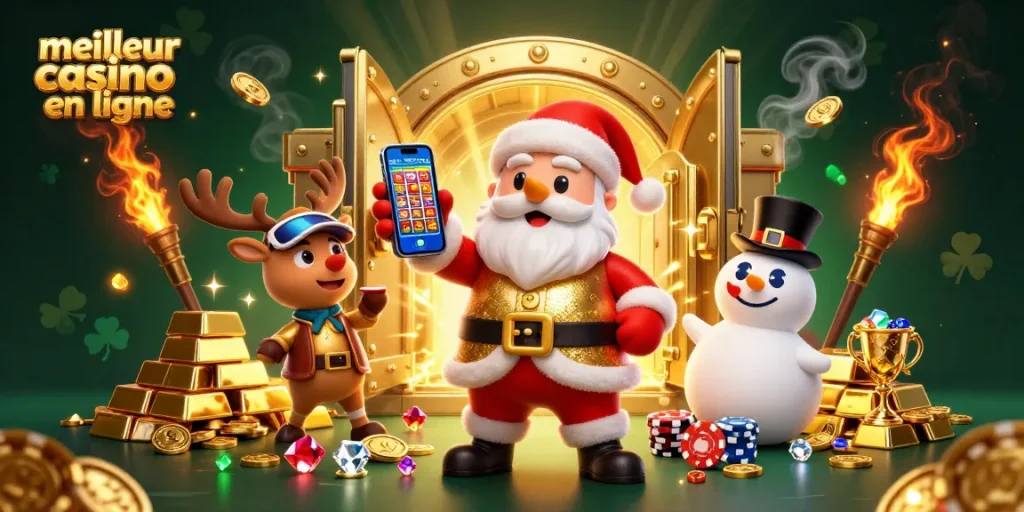 Explore les jeux de hasard au meilleur casino en ligne avec Santa, son renne et un bonhomme de neige.