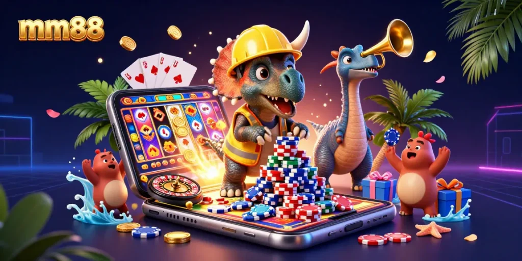 Play exciting casino games at mm88 while the triceratops builds poker chip towers.