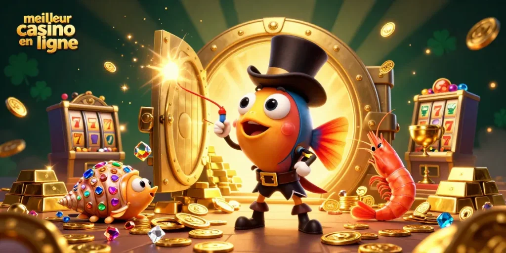 Découvrez le meilleur casino en ligne avec une illustration descriptive de personnages marins attirant des pièces d'or.