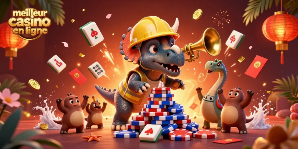 Visuel vibrant de meilleur casino en ligne avec un dinosaure et des éléments de jeu.