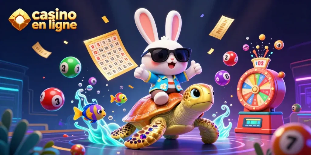 Profitez des jeux de casino en ligne avec un lapin chanceux et une tortue d'or dans une scène magique.