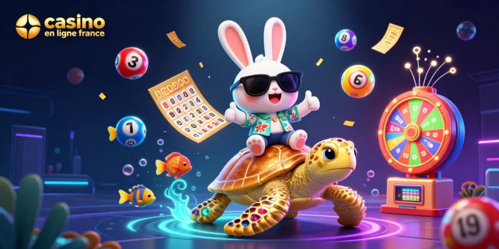Découvrez le casino en ligne France dans une scène animée avec un lapin chanceux et une tortue géante sous-marine, parmi des éléments de loterie et de jeux.
