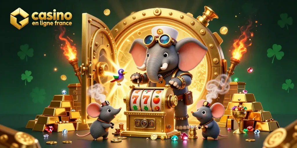 Gagnez des jackpots dans un superbe casino en ligne France avec effets lumineux et personnages dynamiques.