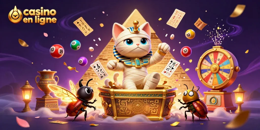 Jouer dans un casino en ligne avec un chat momie égyptien et des éléments de jeu colorés.
