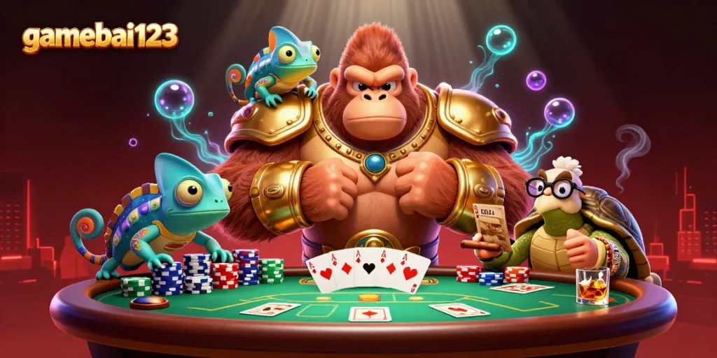 Engage in exciting gameplay at gamebai123 with dynamic poker elements and colorful characters.