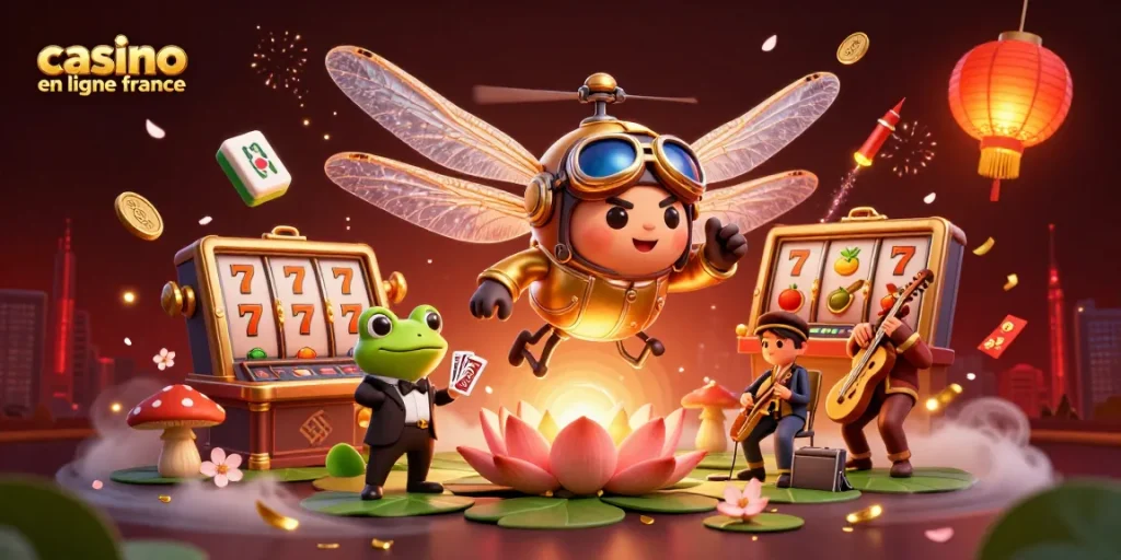 Illustration dynamique de casino en ligne France avec un pilote libellule, un croupier grenouille et des musiciens de jazz.