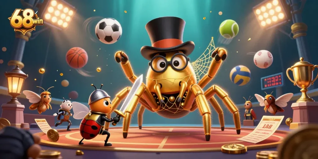 Join the excitement of 68win as the brave beetle knight faces the golden tarantula in an engaging casino showdown.