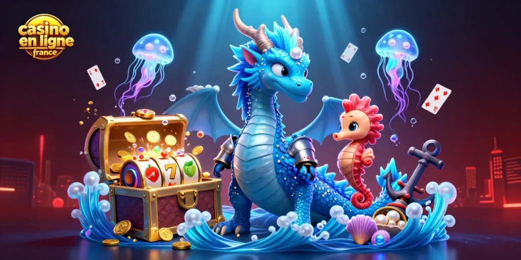Plongez dans l'univers du casino en ligne France avec une illustration d'un dragon aquatique majestueux et un chevalier hippocampe.