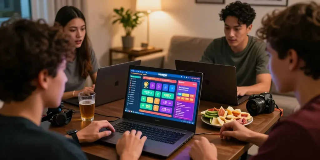 Pengguna rajatogel bermain togel online dengan antusias, dikelilingi suasana modern dan interaktif.