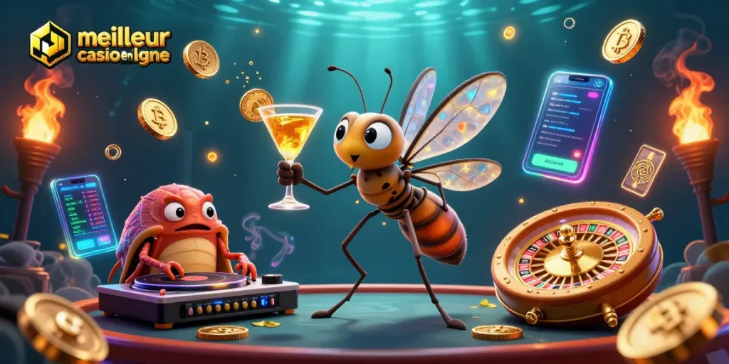 Profitez du meilleur casino en ligne avec une mascotte de casino et une ambiance animée.