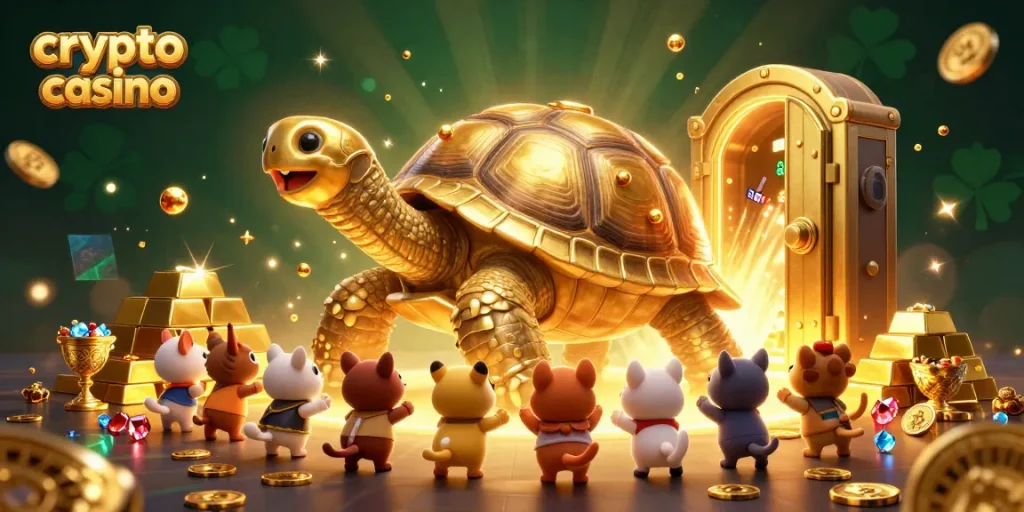 Explorez un casino crypto animé avec une tortue dorée et des joyaux étincelants enjoués.