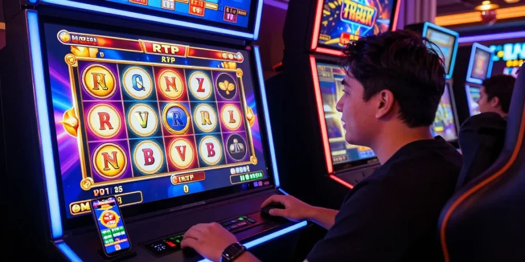 Pemain sedang menikmati permainan slot online dengan RTP terbaru dan suasana kasino yang menyenangkan.