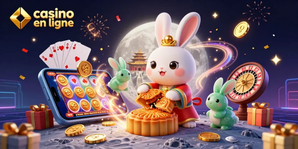 Un jeu captivant de casino en ligne avec un lapin de Lune, des pièces de poker et des célébrations