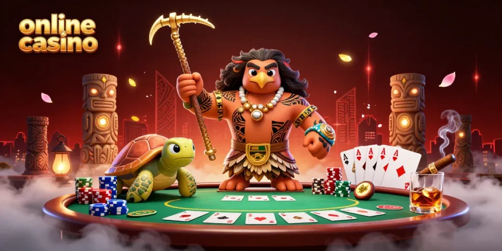 Experience the thrill of online casino as the Maui-style demigod engages in a vibrant poker game.