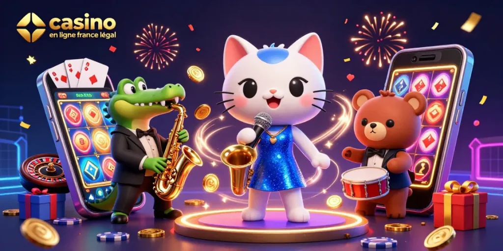 Jouer sur un casino en ligne légal en France avec des personnages animés et des éléments de jeu vibrants.
