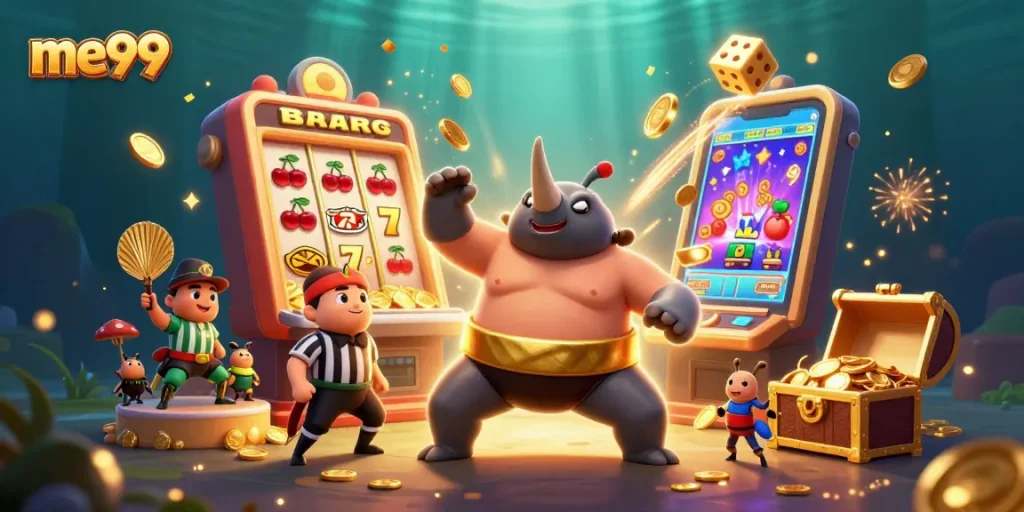 Experience dynamic gameplay at me99 with a slot machine bursting coins and beetle champions in action.