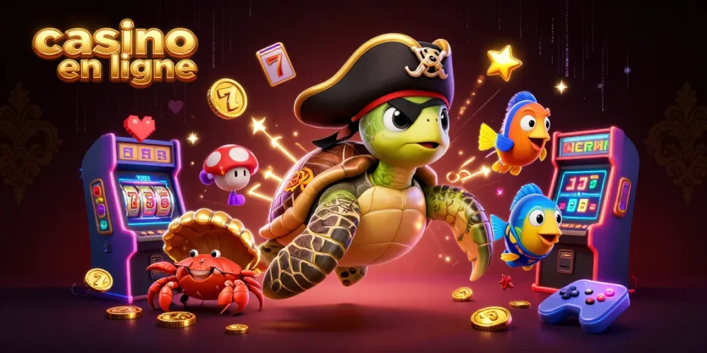 Plongez dans le monde du casino en ligne avec un décor fantastique de tortue pirate et trésor sous-marin